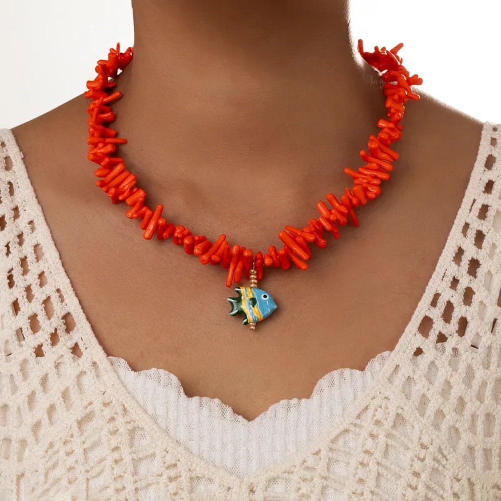 Camila Coelho Red Coral Chip Necklace with Enamel Fish Charm - Picture 2 of 6